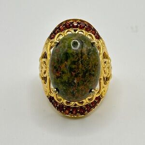 Unakite and Garnet Ring; Size 7; GdB